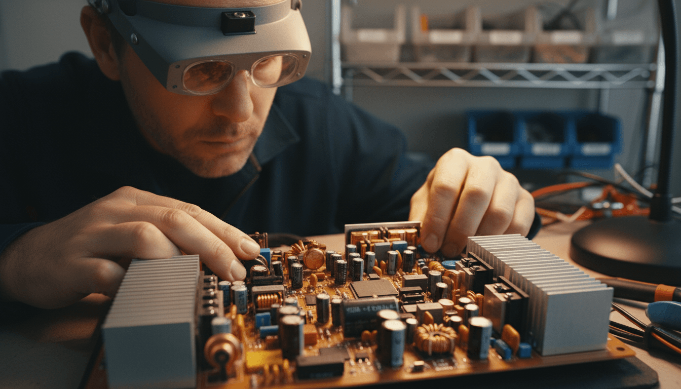 Technician inspecting car audio amplifier components with precision and expertise