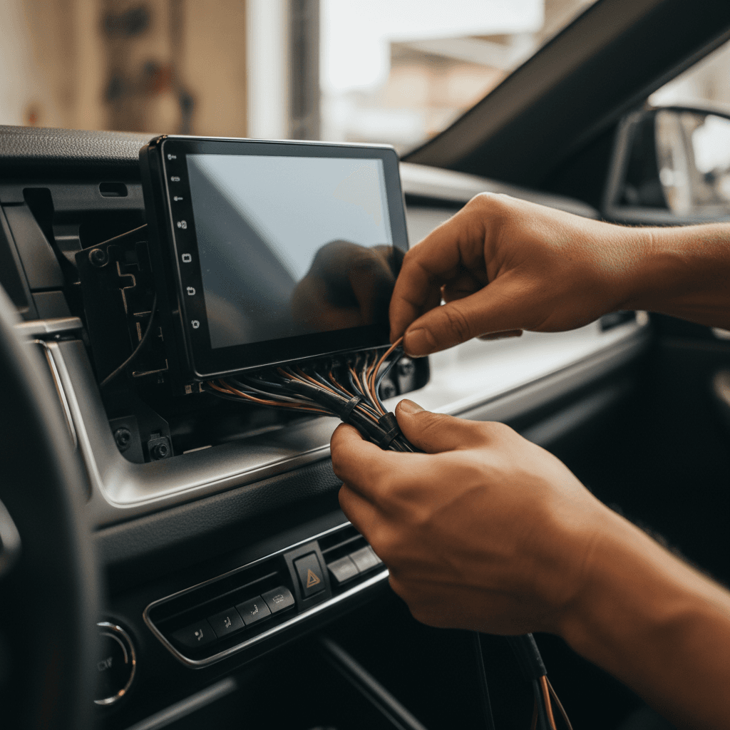 Car audio head unit installation by technician