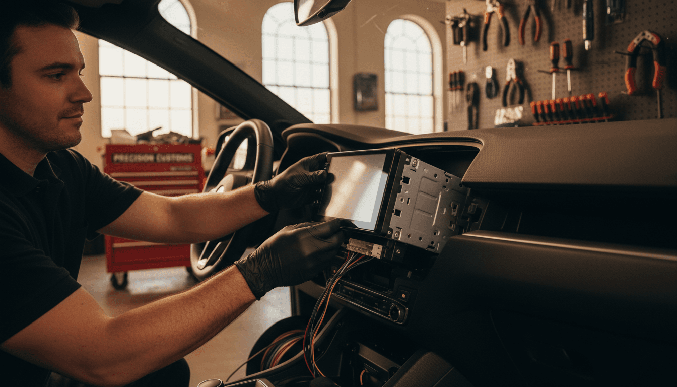 Professional technician installing car audio head unit with precision