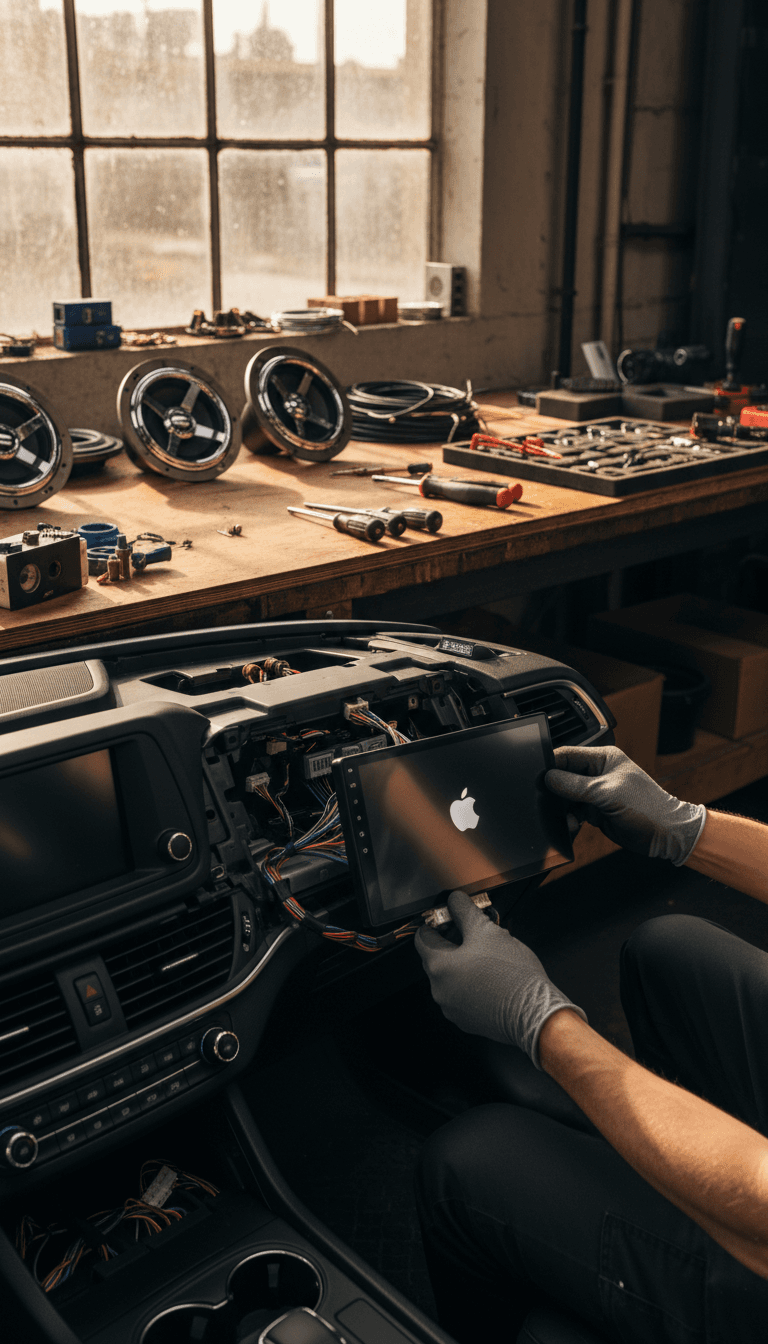 SonnySolutions technician installing car audio head unit with precision and care