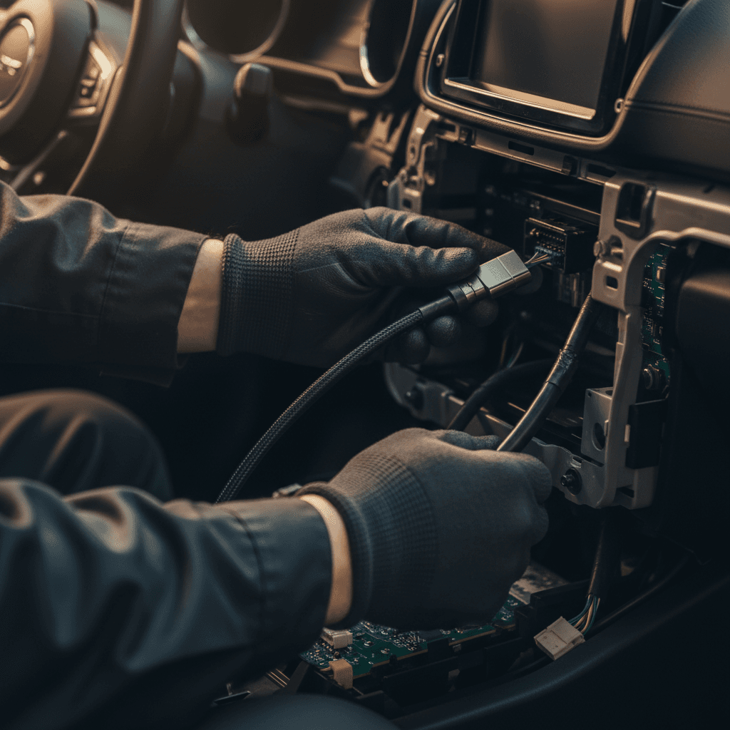 Technician installing Apple CarPlay head unit