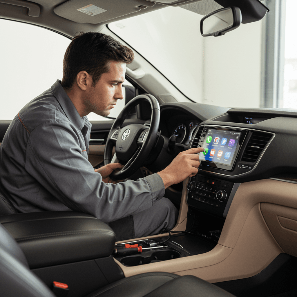 Technician testing Android Auto head unit installation